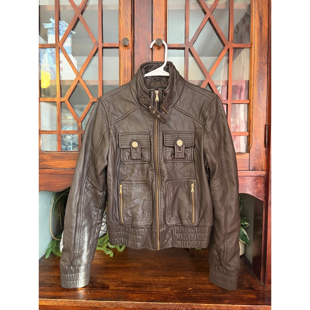 Baby Phat Womens Brown Genuine‎ Leather Moto Jacket Quilted Y2K Size M